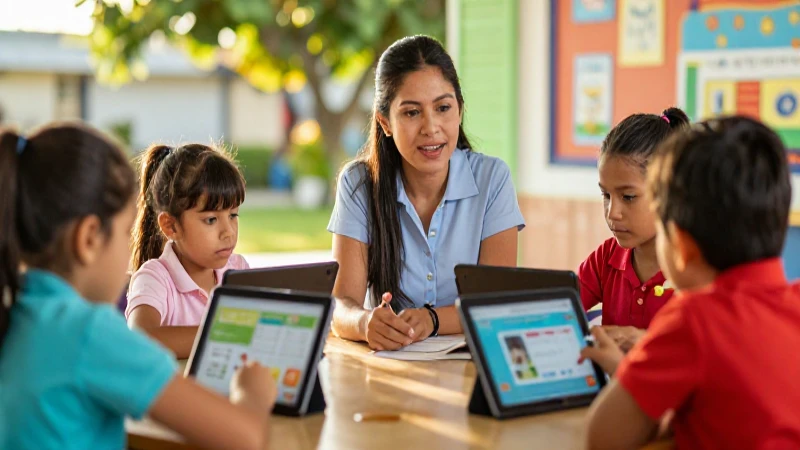 Maestra guatemalteca enseñando a niños con tecnología