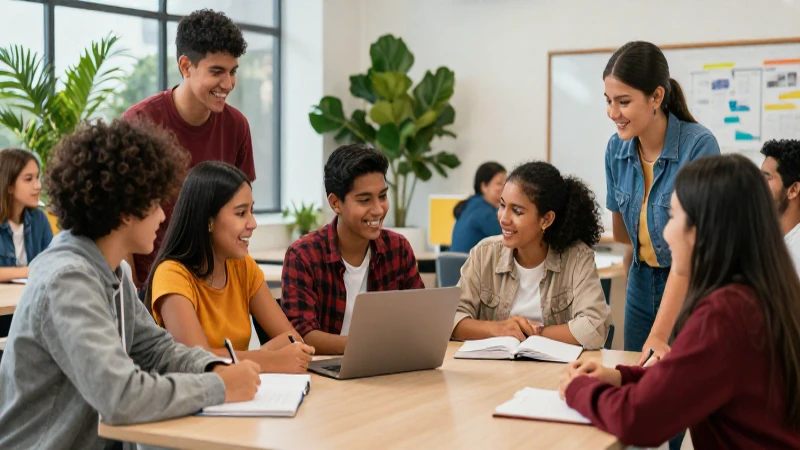 Estudiantes mexicanos colaborando en un aula moderna y brillante