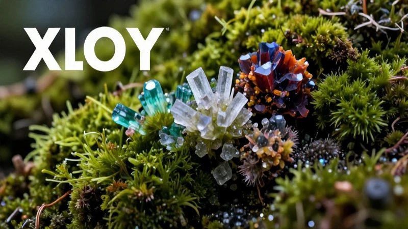 Cristales y musgo vibrantes bajo luz cinematográfica