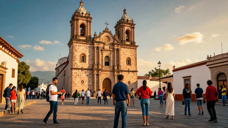 Aldea mexicana con arquitectura histórica y luz dorada