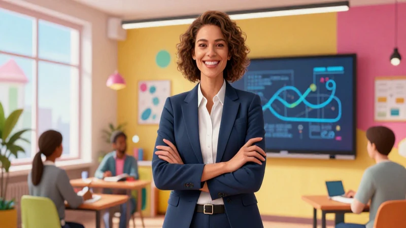 Maestra profesional sonriente con energía vibrante en un espacio moderno