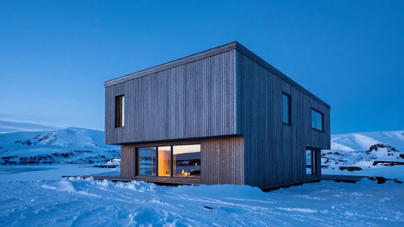 Paisaje nórdico minimalista, arquitectura de madera, azul glacial