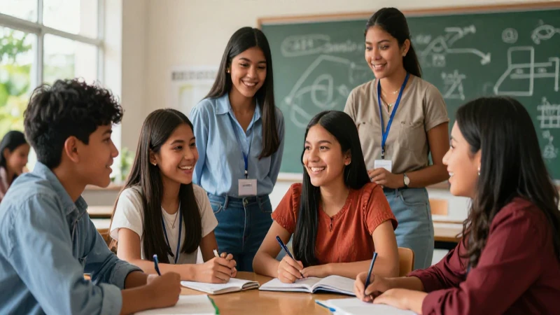 Estudiantes mexicanos colaboran feliz en un entorno moderno