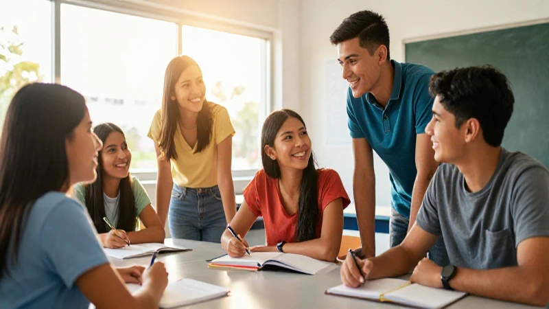 Estudiantes mexicanos colaborando en un aula moderna