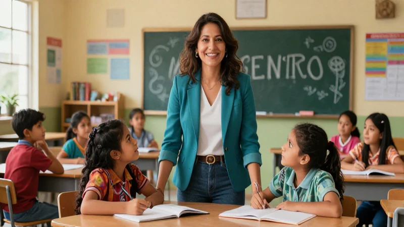 Educadora mexicana y alumnos en aula vibrante