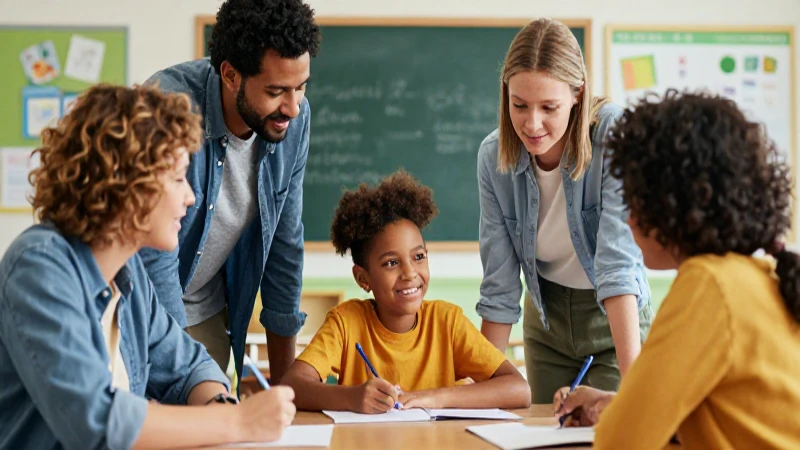 Padres y estudiante colaboran en aula moderna