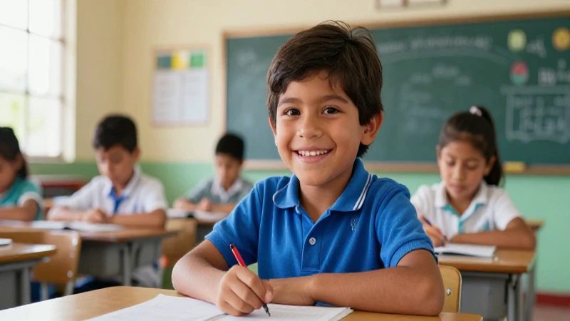 Niño mexicano sonríe en moderno aula, destacando la educación