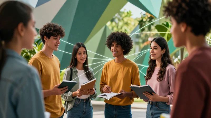 Jóvenes conectados en estructura educativa moderna