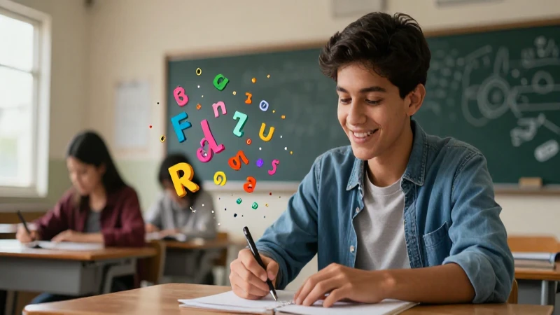 Joven mexicano sonríe con letras vibrantes en clase
