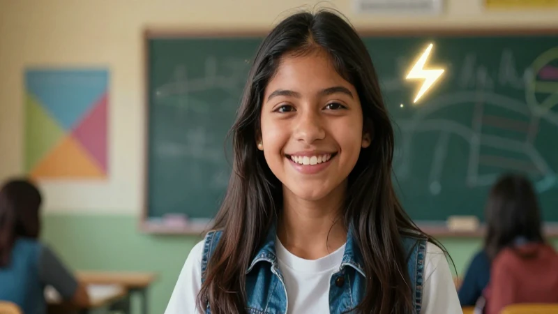 Estudiante sonriente en vibrante fondo geométrico educativo