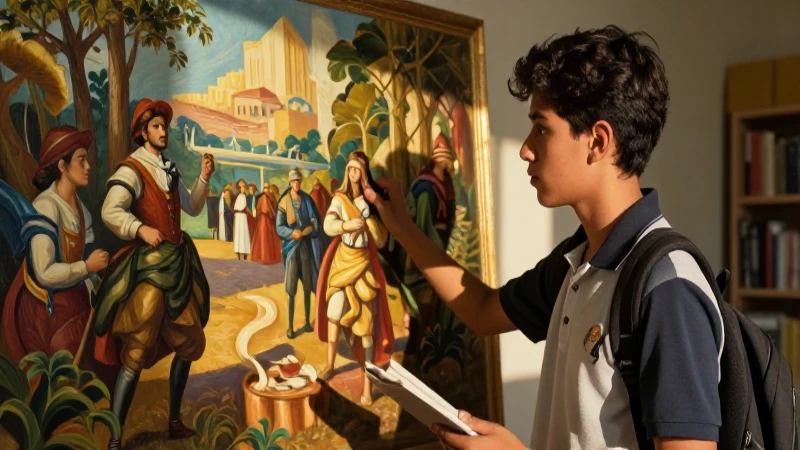 Estudiante mexicano admira pintura histórica con luz dramática