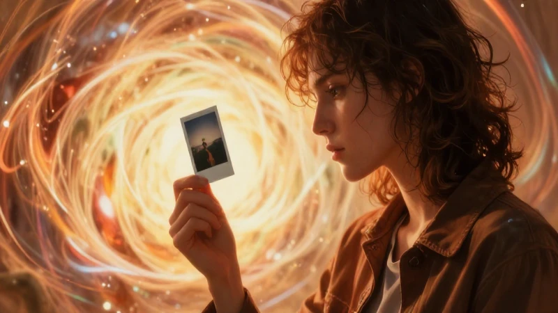 Figura reflexiva con polaroid en un aura onírica