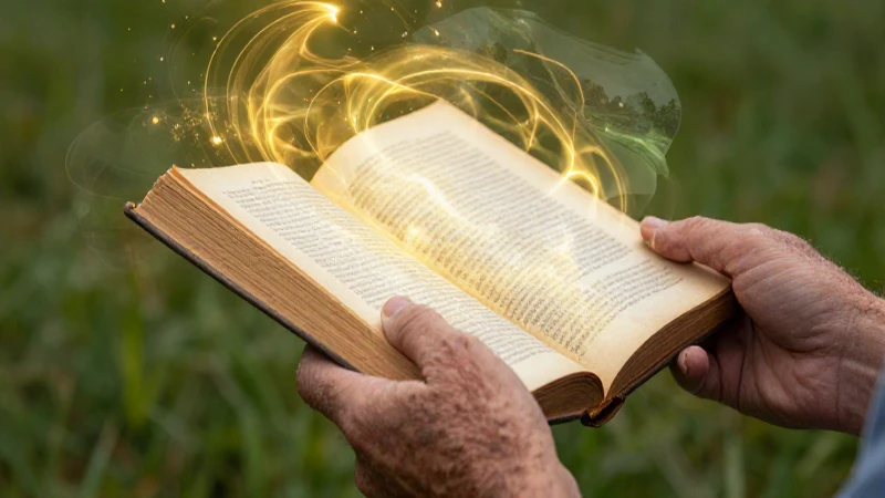 Manos sostienen un libro antiguo con luz dorada