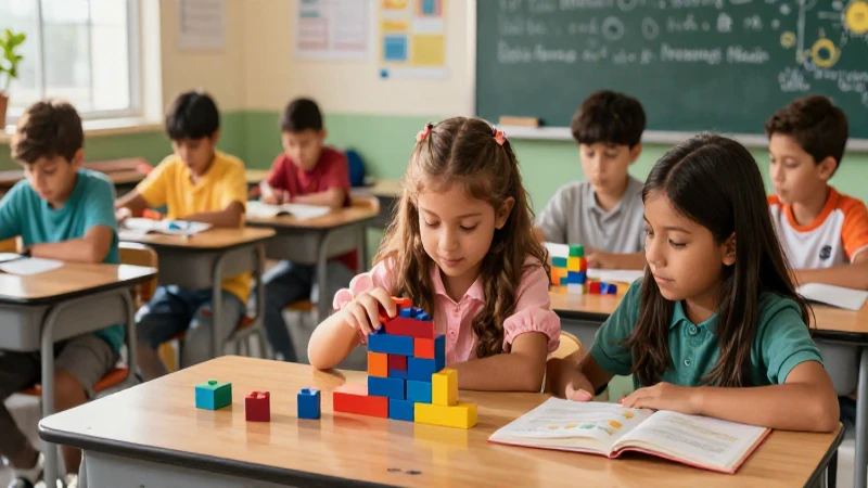 Aula mexicana vibrante con estudiantes y bloques