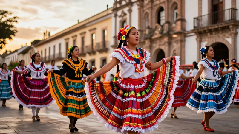 Festival guatemalteco vibrante con danza tradicional y luz dorada