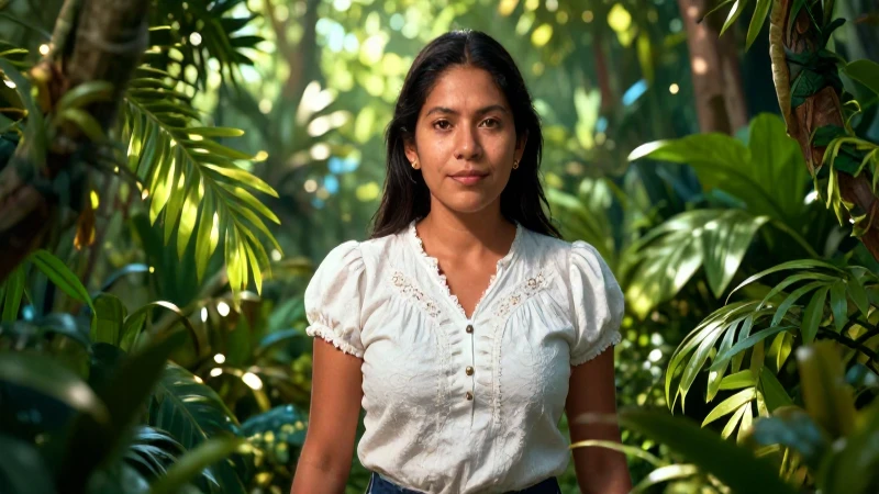 Mujer guatemalteca radiante en un entorno natural dramático