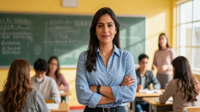 Profesora mexicana en moderno aula luminosa
