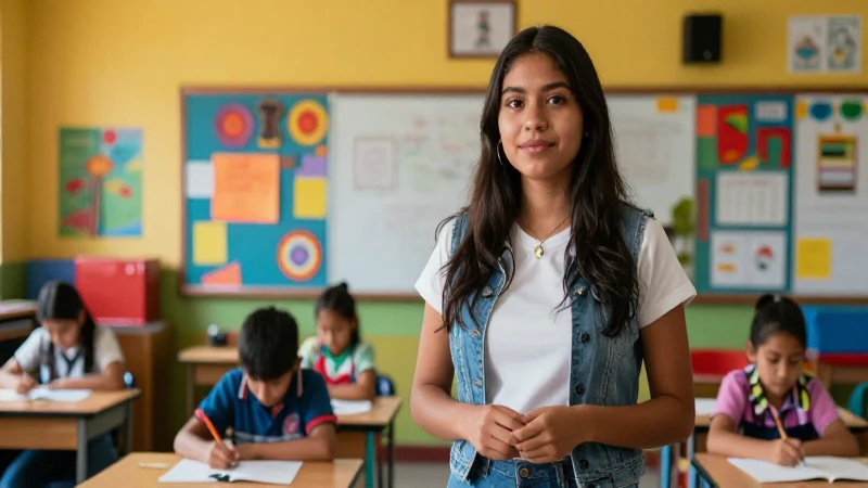 Joven maestra motivada en aula vibrante