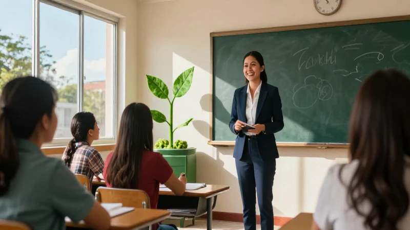 Educador sonriente en clase moderna con estilo profesional