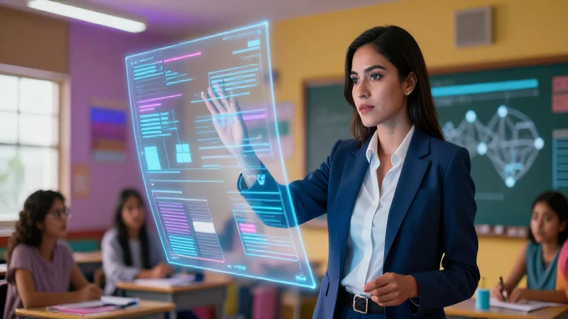 La vanguardia de la Nueva Escuela Mexicana 2022 en una PPT 5 Profesora mexicana con hologramas vibrantes y modernos