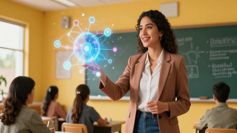 Educadora digital vibrante en aula mexicana futurista