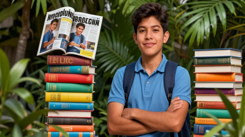 Joven estudiante mexicano con libros y naturaleza vibrantes