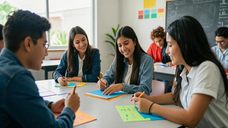 Aula vibrante mexicana, estudiantes colaborando felices
