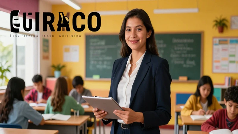 Educadora mexicana vibrante en aula moderna