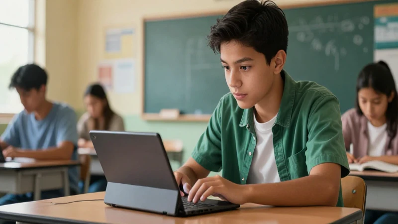 Estudiante mexicano crea diseño digital en clase vibrante