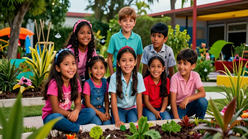 Niños mexicanos felices en un jardín educativo vibrante
