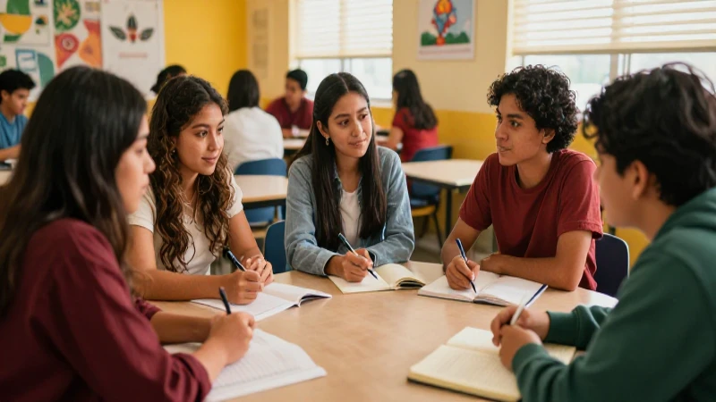 Estudiantes mexicanos colaboran en un aula vibrante y moderno