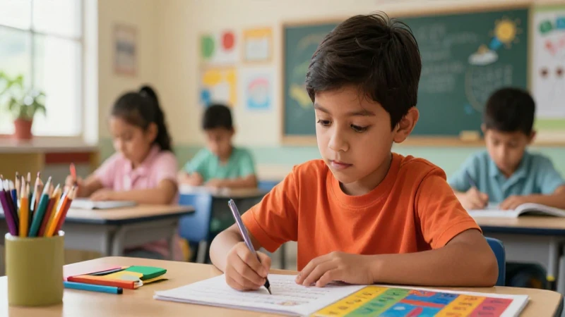 Niño mexicano interactúa con material educativo