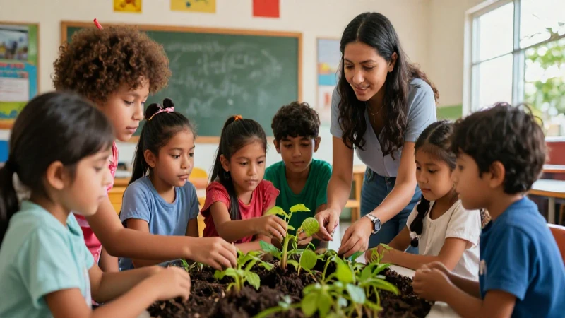 Grupo diverso de niños explorando con maestra