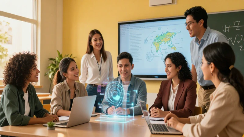 Profesores mexicanos colaborando en aula moderna