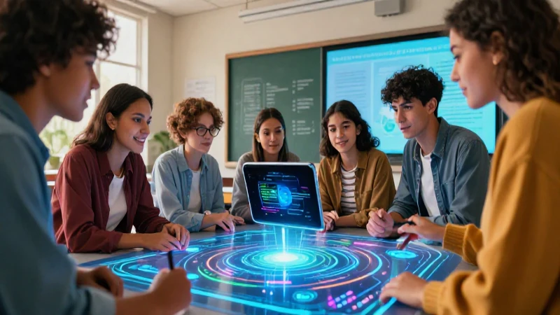 Estudiantes futuristas interactúan con hologramas educativos