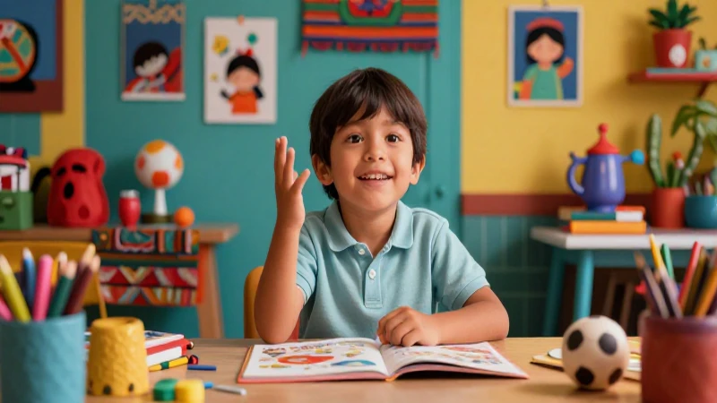 Niño mexicano aprende con materiales coloridos e indígenas