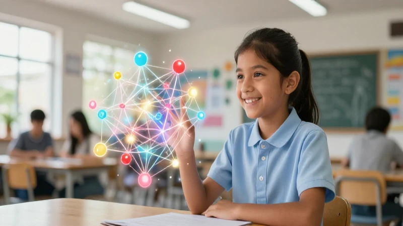 Estudiante sonriente con red de conocimiento vibrante