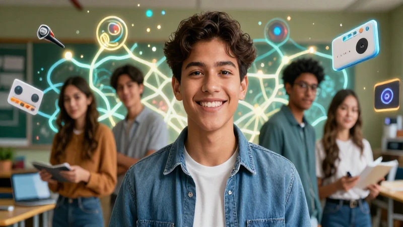 Estudiante mexicano brillante con herramientas educativas y conexiones neuronales