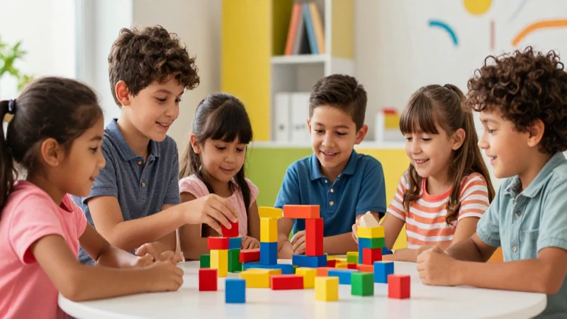 Niños felices con bloques de madera en un ambiente vibrante