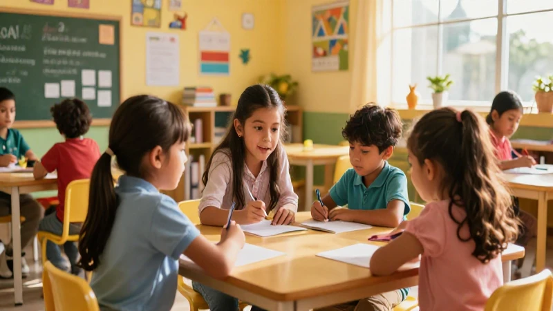 Niños aprendiendo en México con luz dorada