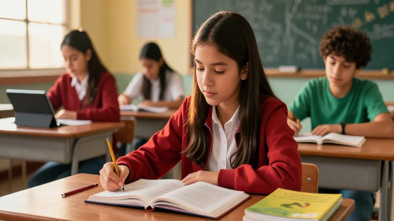 Estudiante mexicano moderno en clase, luz dorada vibrante