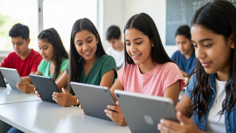 Estudiantes mexicanos colaboran felices aprendiendo con tabletas