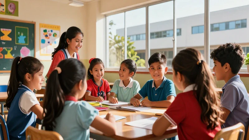 Alumnos mexicanos felices colaborando en aula vibrante