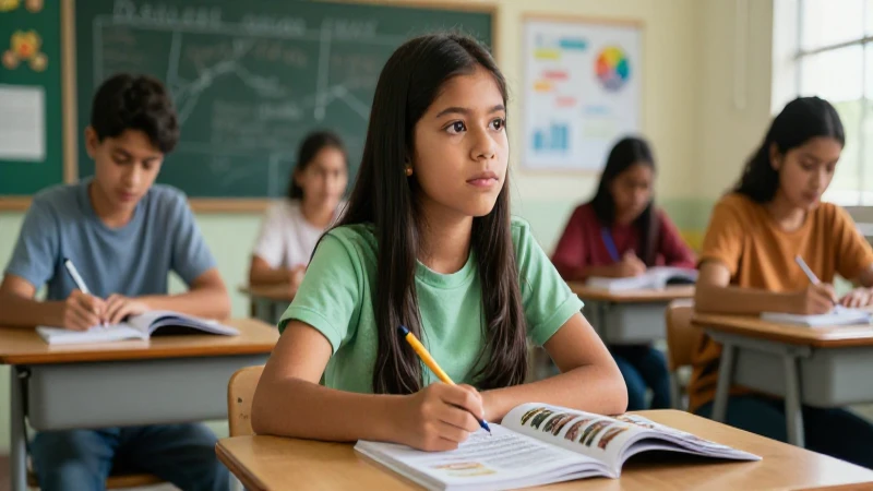 Regístrate en la nueva escuela mexicana y aprovecha sus beneficios 4 Estudiante mexicano moderno en aula cinematográfica vibrante