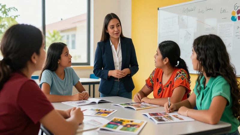 Conoce la nueva escuela mexicana: promoviendo la dignidad humana 4 Maestro guía a estudiantes mexicanos en aula moderna