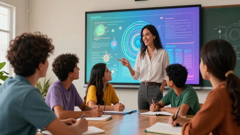 Estudiantes y profesor colaborando con datos abstractos