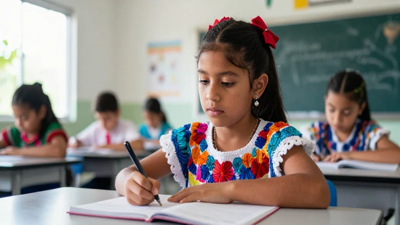 La nueva escuela mexicana: la educación impresionante para segundo grado 4 Niña mexicana curiosa aprende en aula moderna