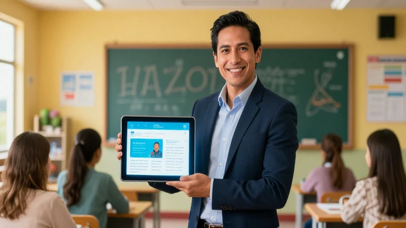Maestra mexicana con tablet en un aula moderna