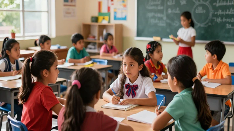 Niños mexicanos colaboran en aula iluminada y moderna