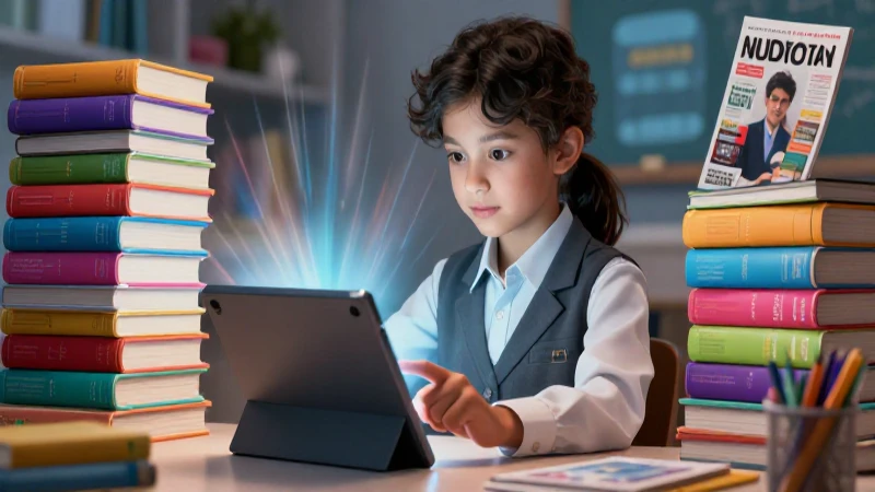 Estudiante interactúa con tablet educativa y libros coloridos